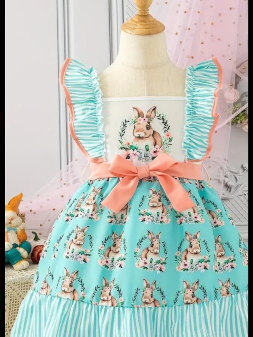 Girls Aqua Bunny Print Ruffle Dress with Coral Bow